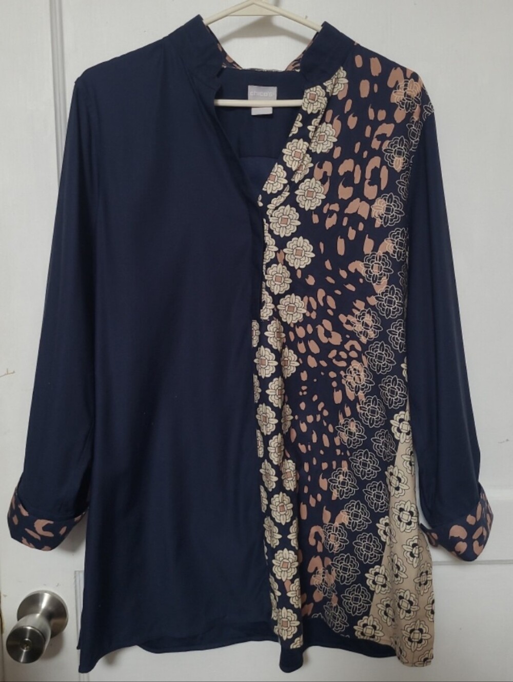 Chico's Navy Long-Sleeve Floral-Leopard Panel Tunic Top 2P LARGE